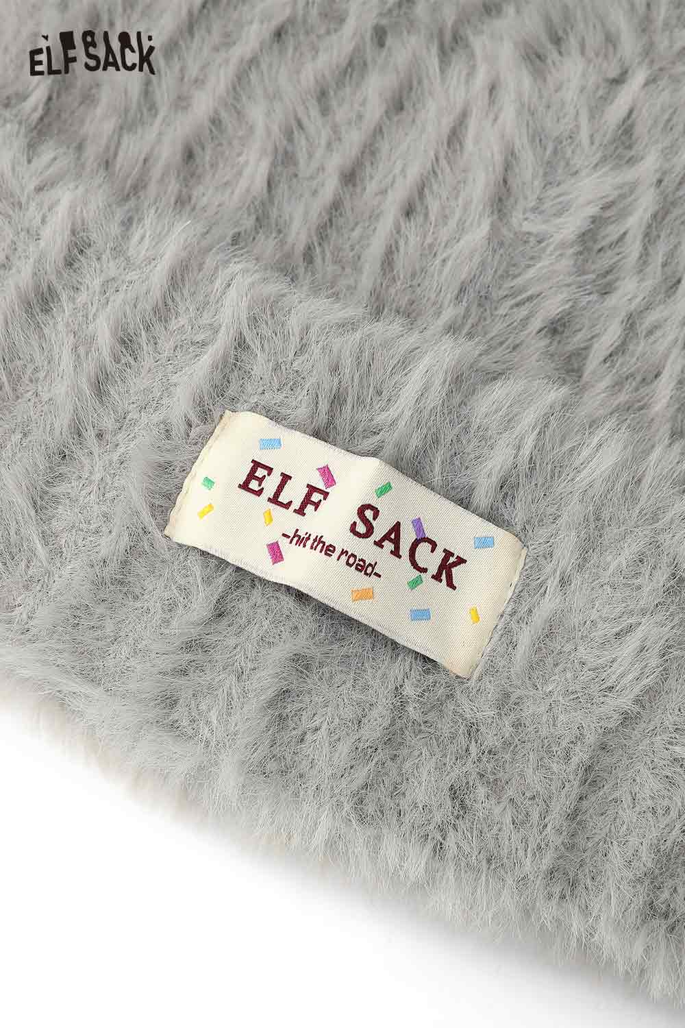 Grey plush cat ear hat for women by ELFSACK with a soft texture and playful design