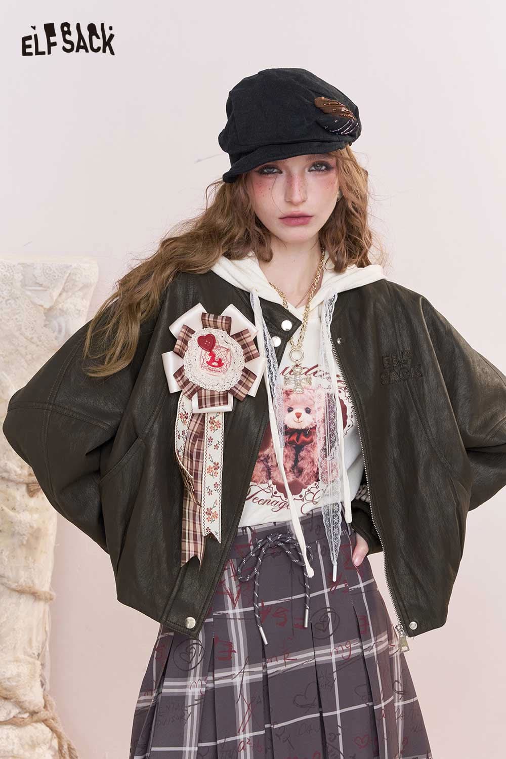 ELFSACK PU leather batwing sleeve jacket in dark green paired with stylish layered outfit