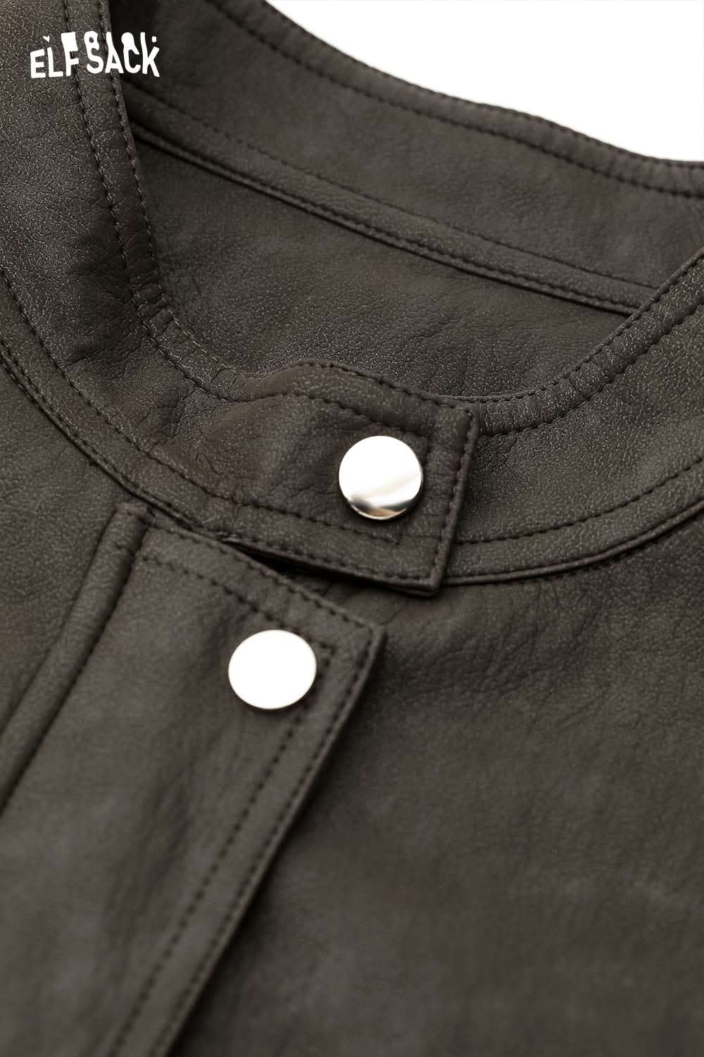 Close-up of ELFSACK PU leather batwing sleeve jacket featuring detailed stitching and snap buttons