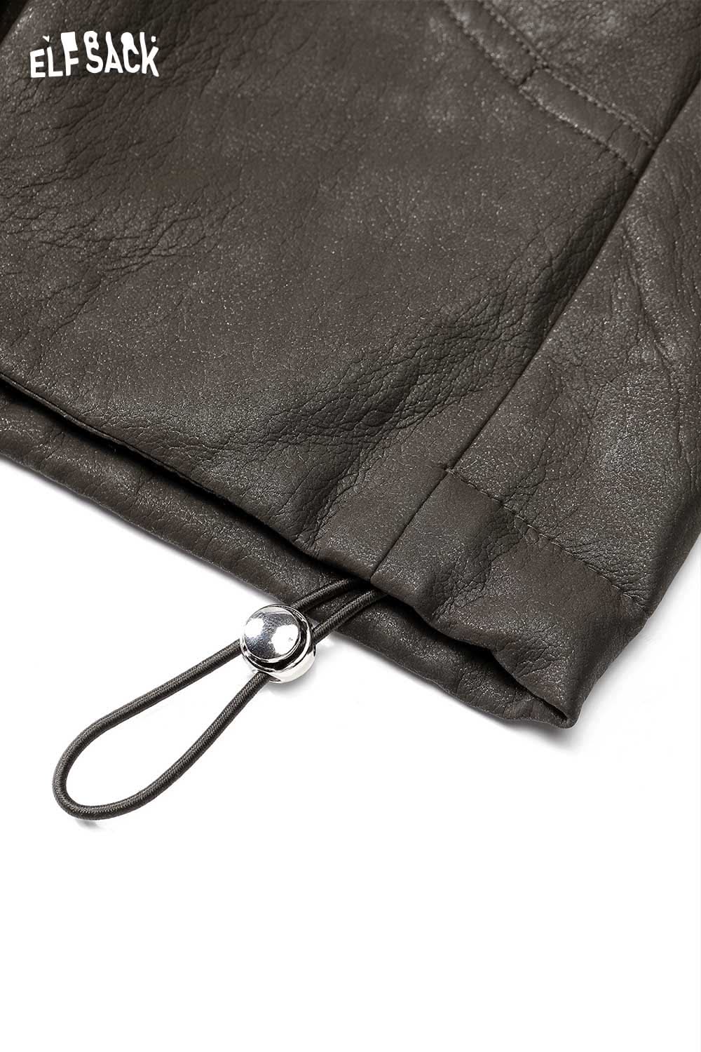 Close-up of ELFSACK PU leather batwing sleeve jacket showcasing the stylish fabric and drawstring detail
