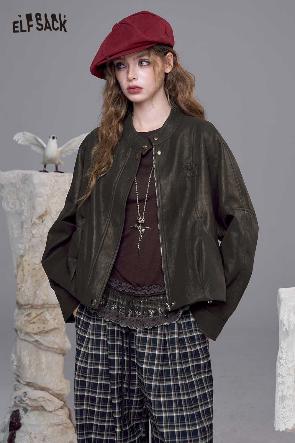 ELFSACK PU leather batwing sleeve jacket in dark green, stylish and versatile for casual outfits