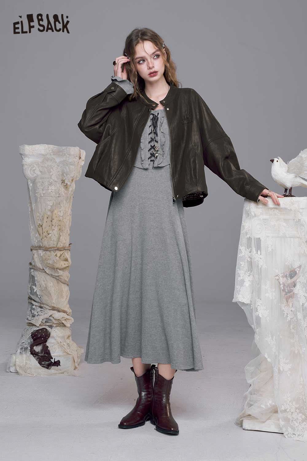 ELFSACK PU leather batwing sleeve jacket paired with a grey dress and stylish ankle boots