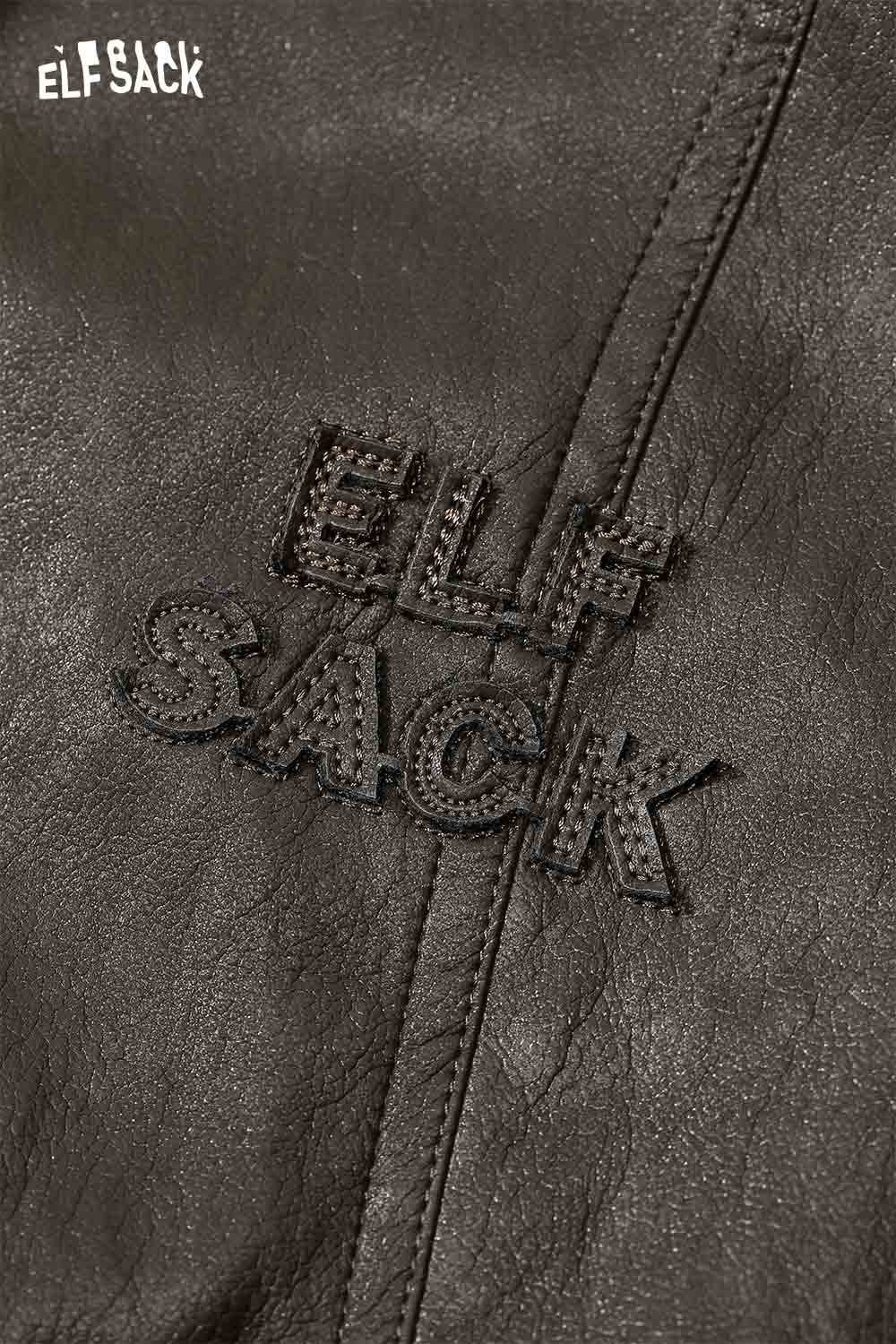 Close-up of ELFSACK logo on a PU leather batwing sleeve jacket showcasing quality and style