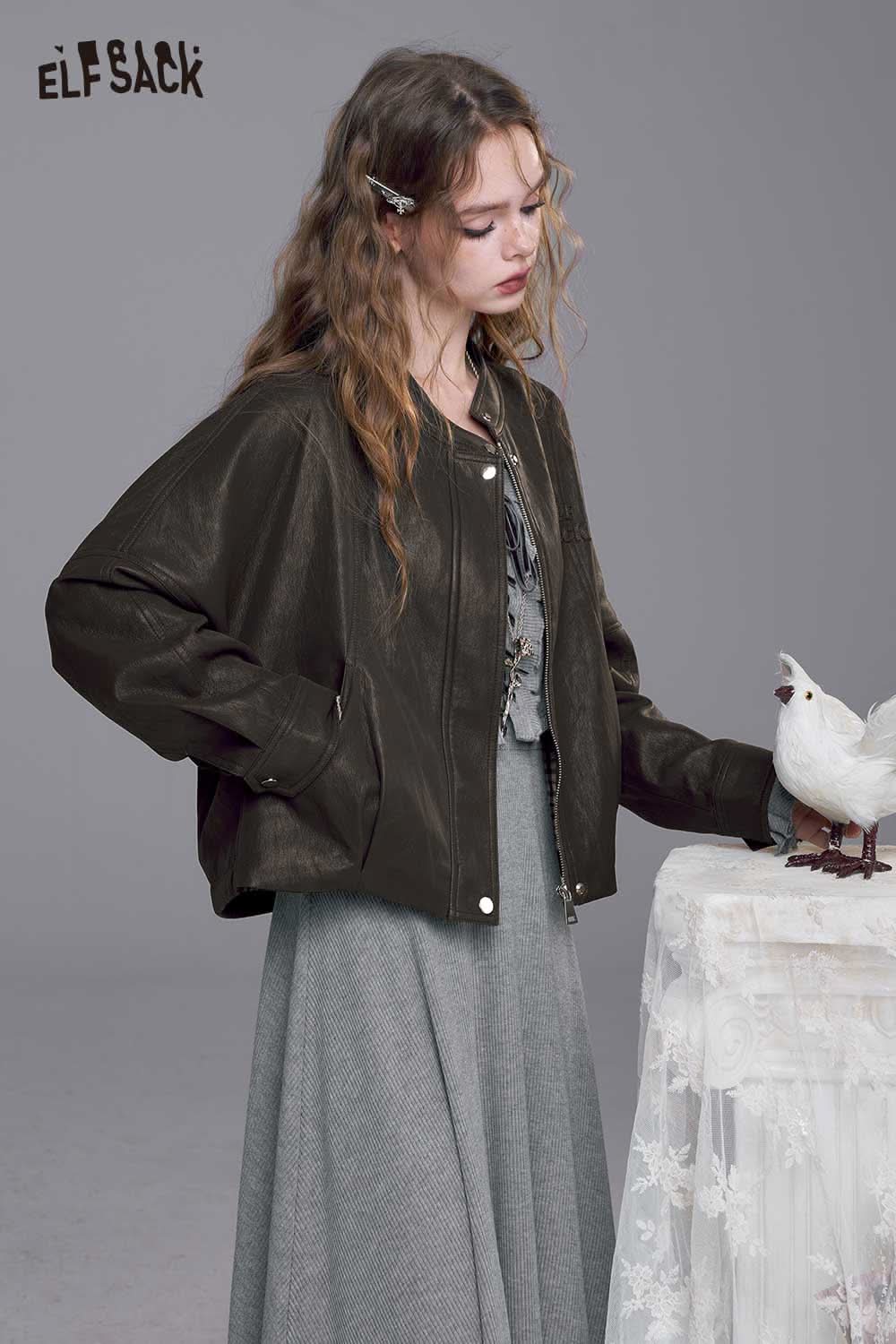 ELFSACK PU leather batwing sleeve jacket in dark brown for a stylish winter look