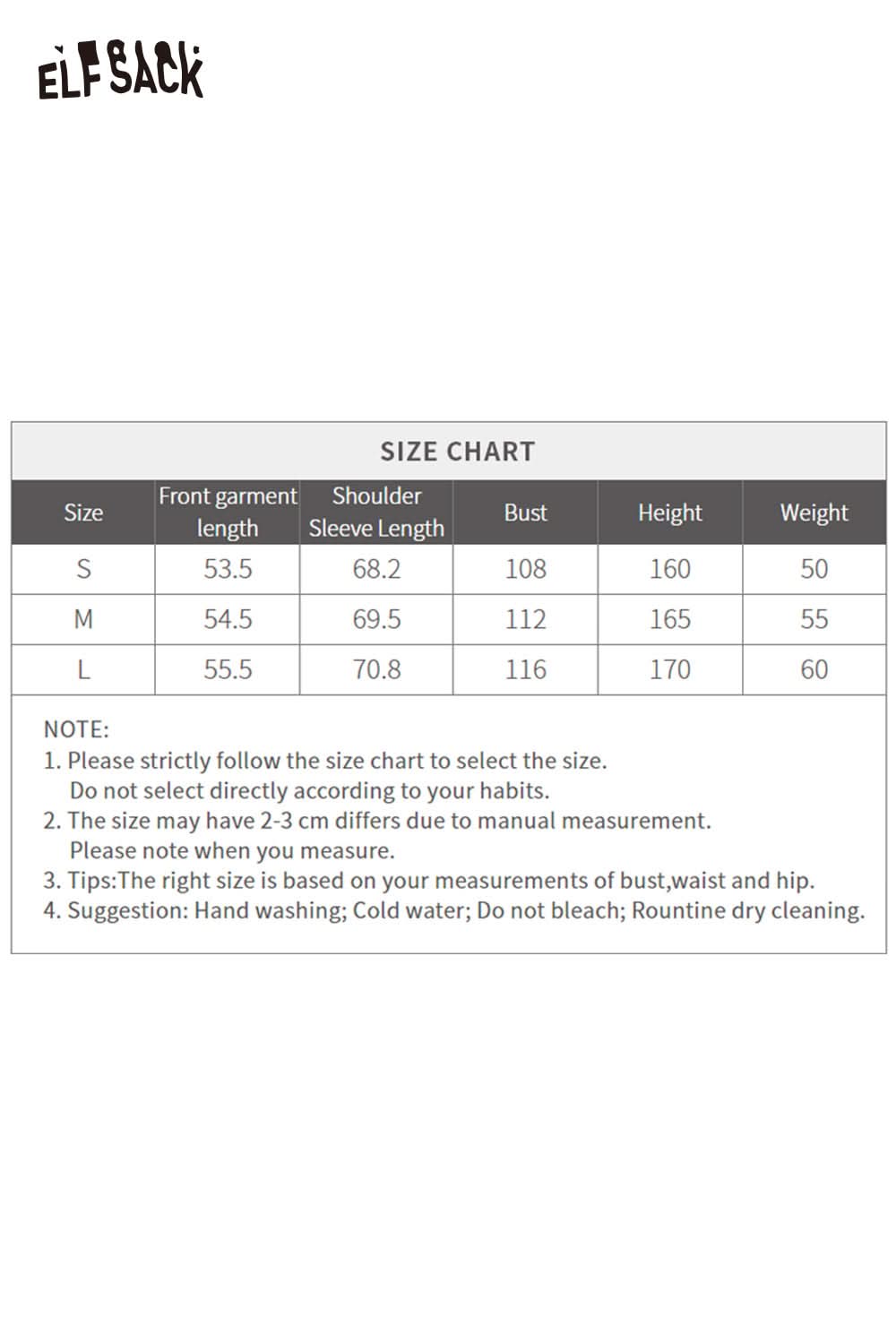 Size chart for ELFSACK PU leather batwing sleeve jacket with measurements for different sizes