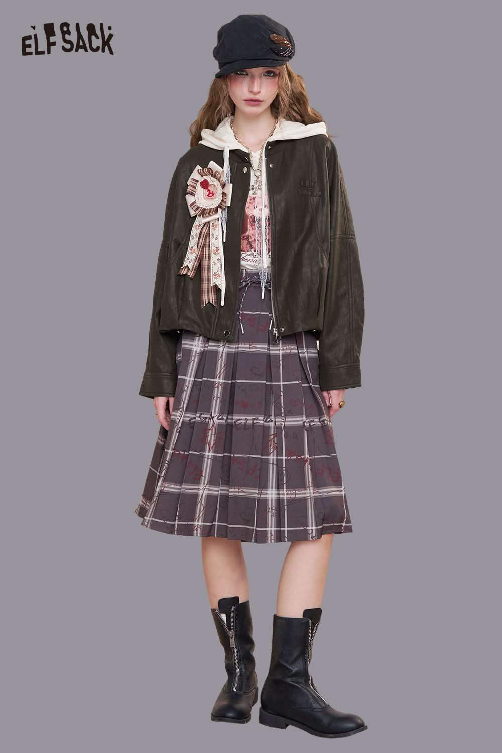 ELFSACK PU leather batwing sleeve jacket in dark green with a cozy hood and stylish embellishments