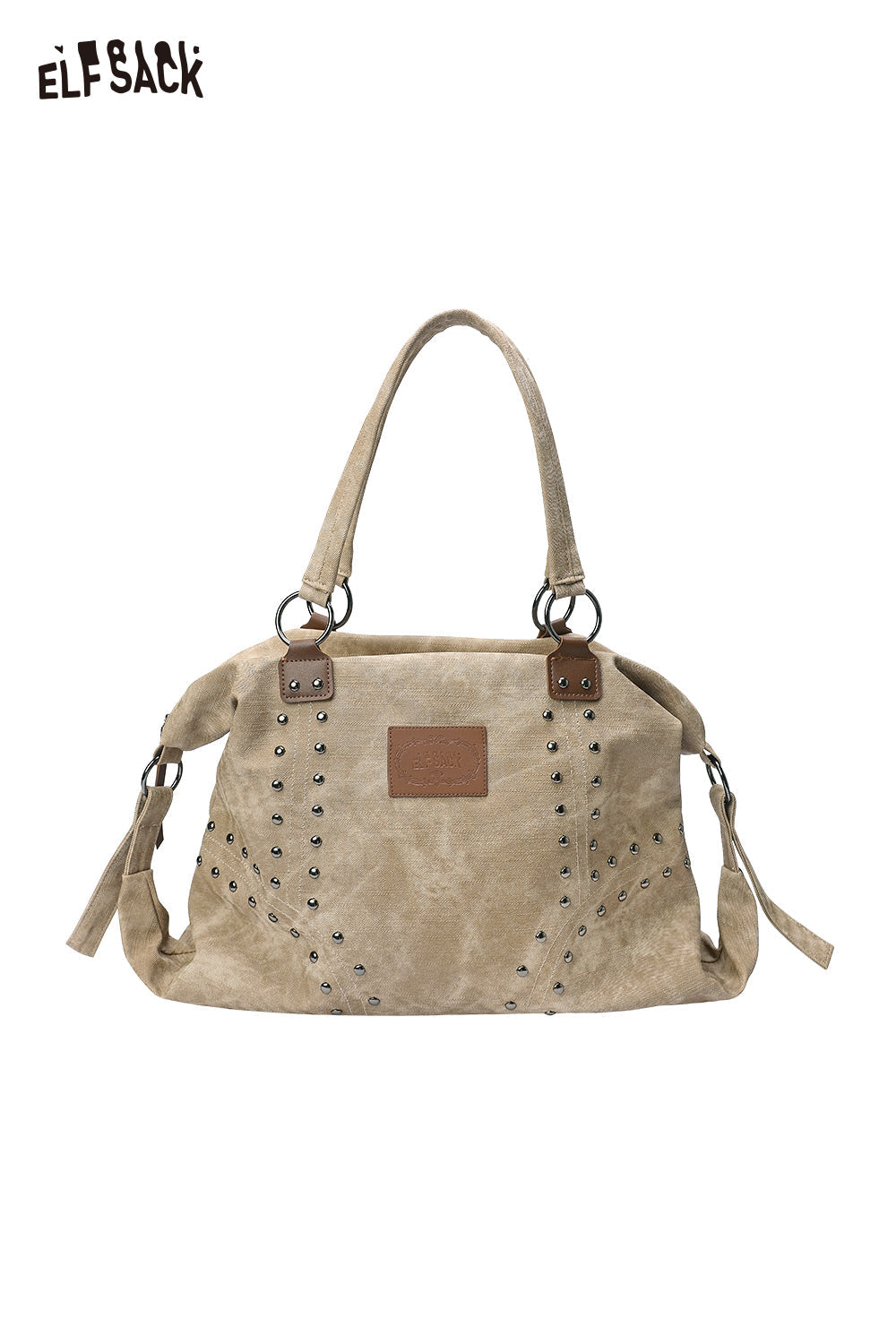 ELFSACK punk studded tote bag for women in beige with stylish studs and sturdy handles