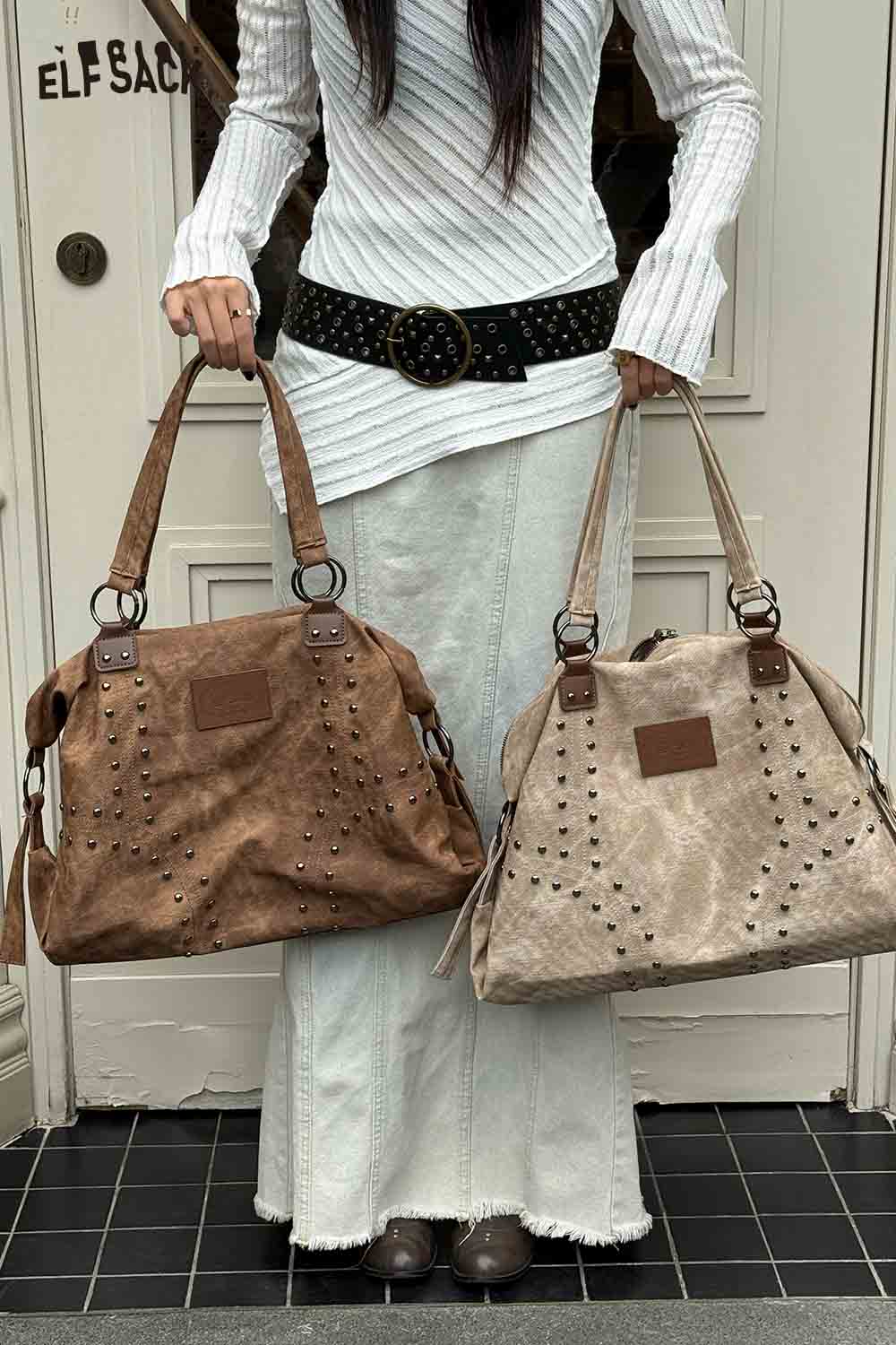 ELFSACK punk studded tote bag for women in brown and beige with stylish detailing