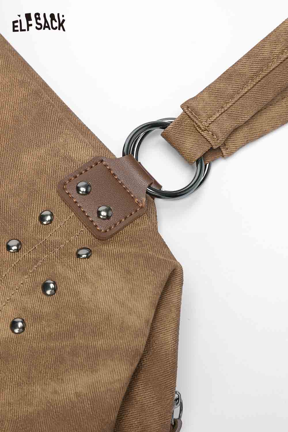 Close-up of ELFSACK punk studded tote bag for women showcasing stylish hardware and sturdy fabric