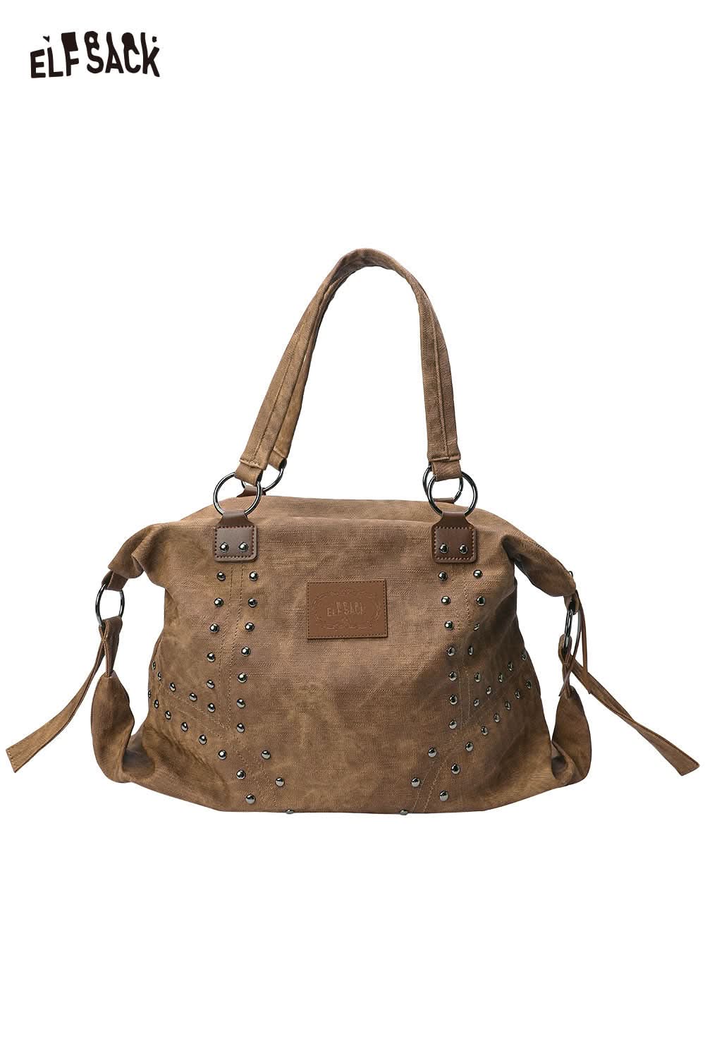 ELFSACK punk studded tote bag for women in brown with stylish metal studs and sturdy straps