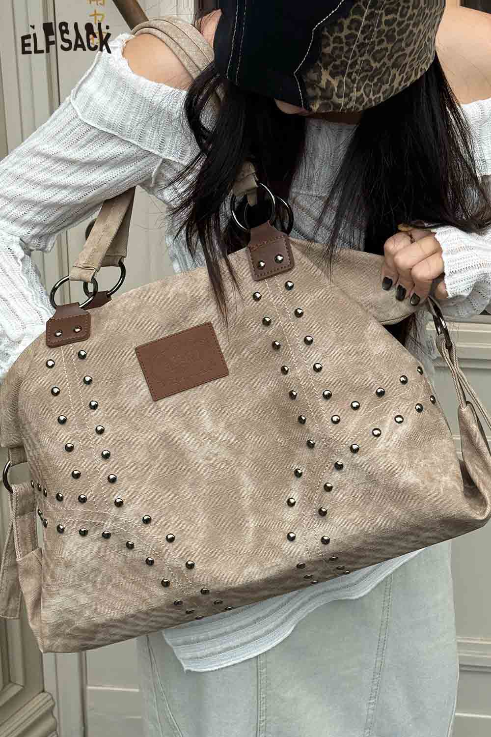 ELFSACK punk studded tote bag for women in beige with stylish metallic studs and adjustable straps