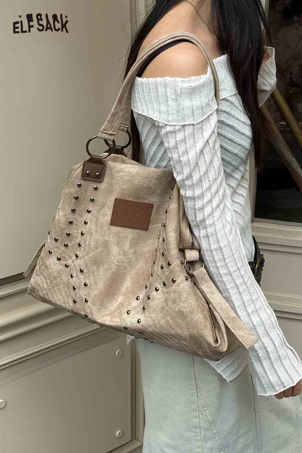 ELFSACK punk studded tote bag for women in beige with stylish studs and elegant design