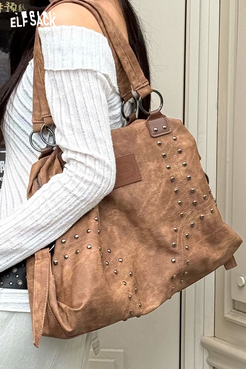 ELFSACK punk studded tote bag for women in brown with stylish metal studs and spacious design