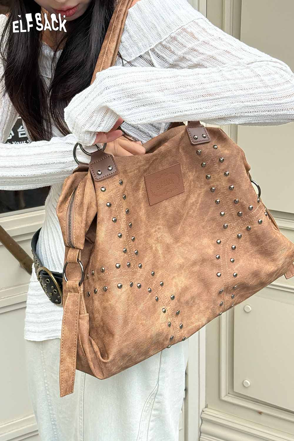 ELFSACK punk studded tote bag for women in brown with stylish metal studs and a spacious design