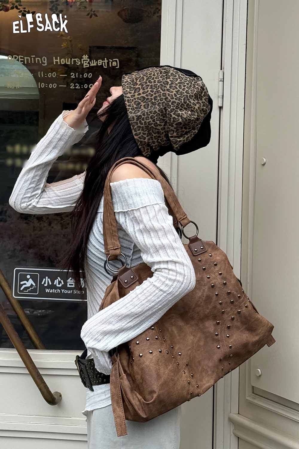 ELFSACK punk studded tote bag for women in brown with stylish studs and large straps