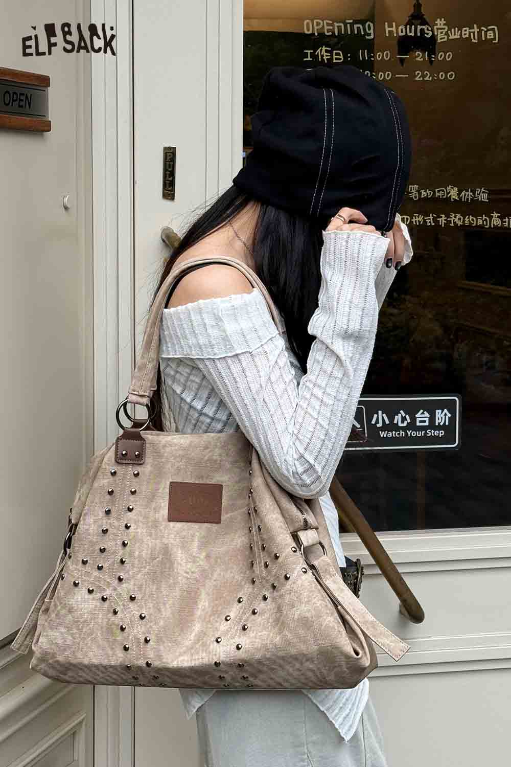 ELFSACK punk studded tote bag for women in neutral tones with stylish studded design