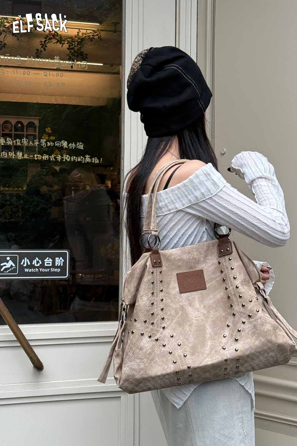 ELFSACK punk studded tote bag for women featuring stylish studs and spacious design for everyday use