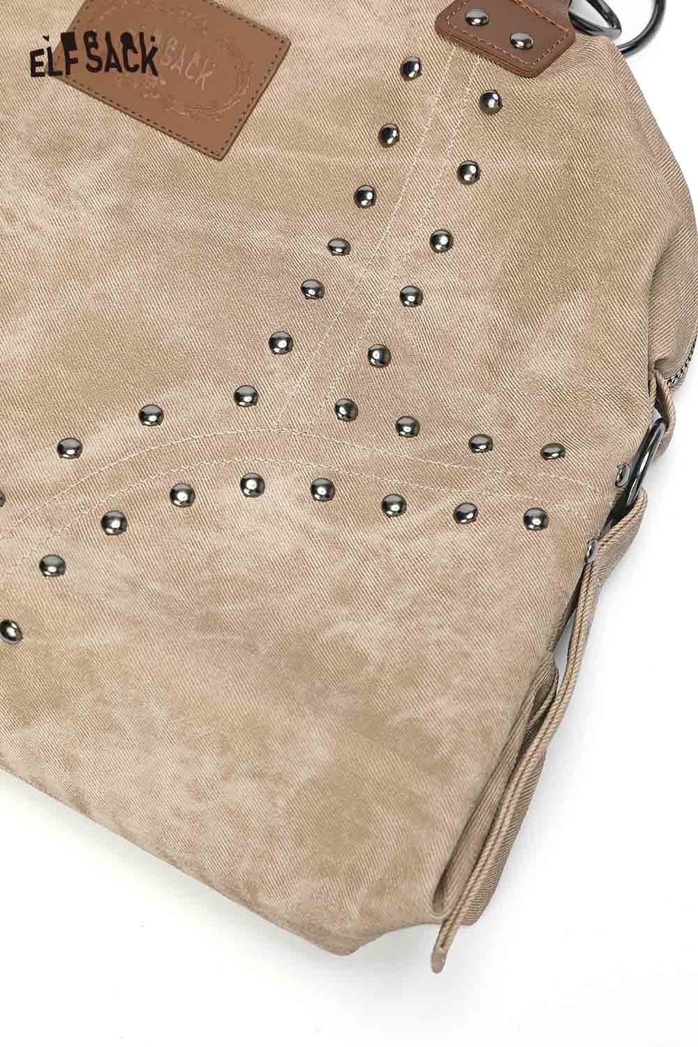 ELFSACK punk studded tote bag for women in beige with metal studs and stylish design