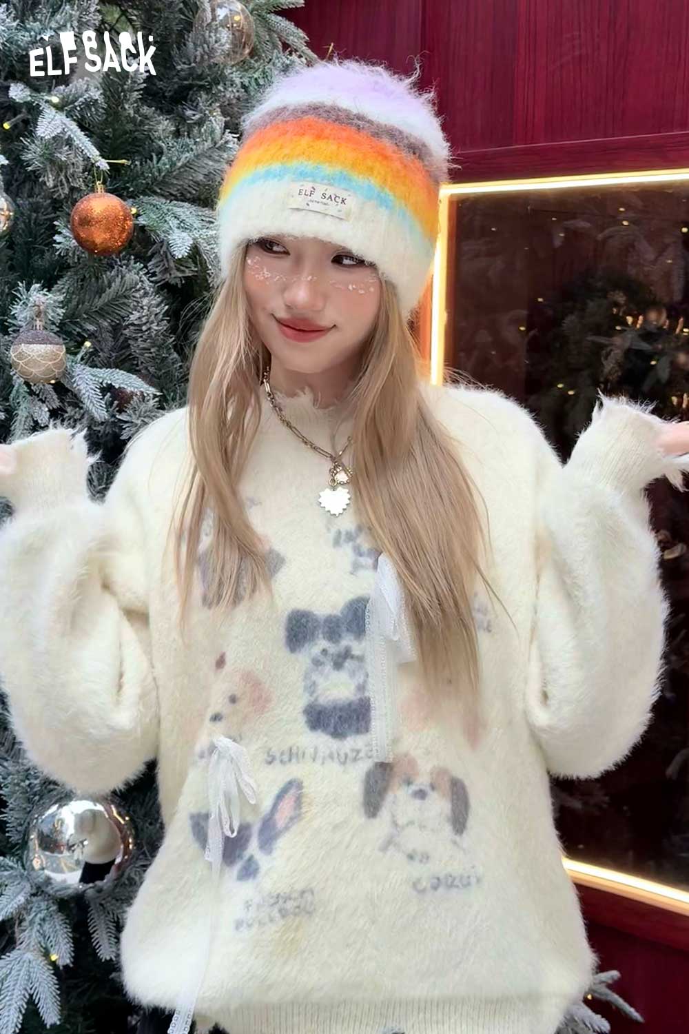 ELFSACK Rainbow Striped Knit Beanie with Colorful Design for Winter Fashion