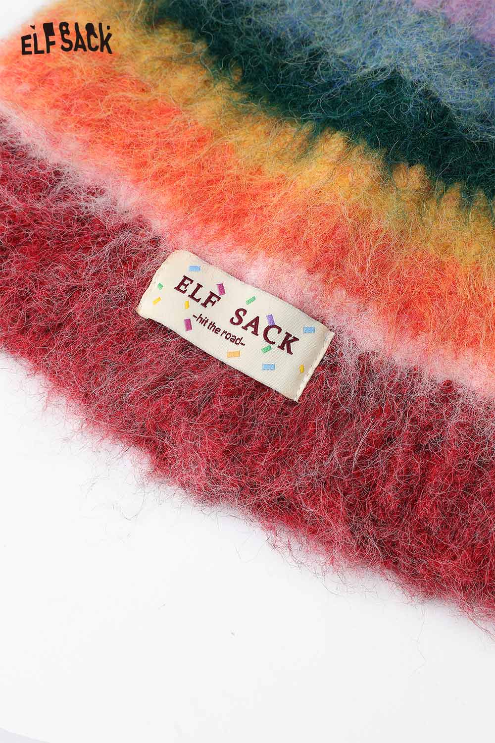 ELFSACK rainbow striped knit beanie with colorful hues and a soft texture for a stylish winter accessory
