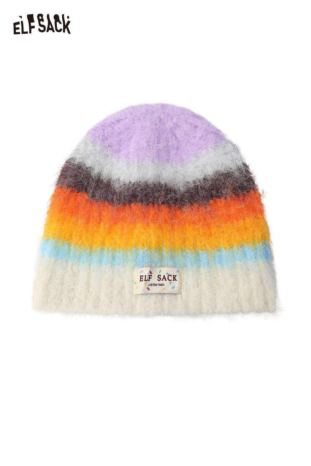 ELFSACK rainbow striped knit beanie featuring vibrant multicolored stripes for a cozy winter accessory