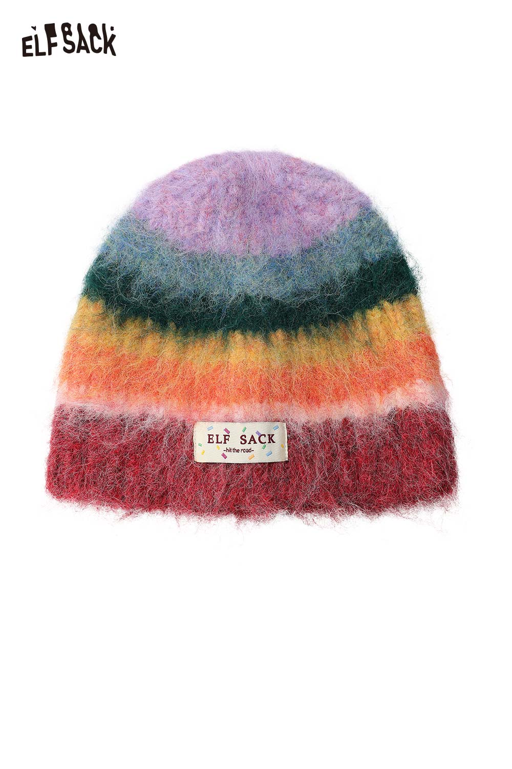 ELFSACK rainbow striped knit beanie featuring a vibrant multicolored design for a cozy look