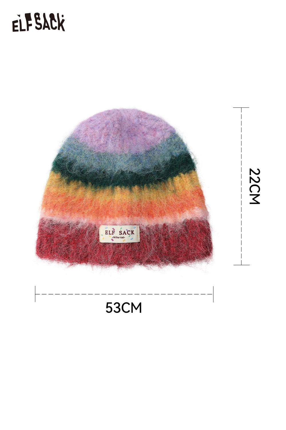 ELFSACK rainbow striped knit beanie in vibrant colors, perfect for winter fashion and warmth