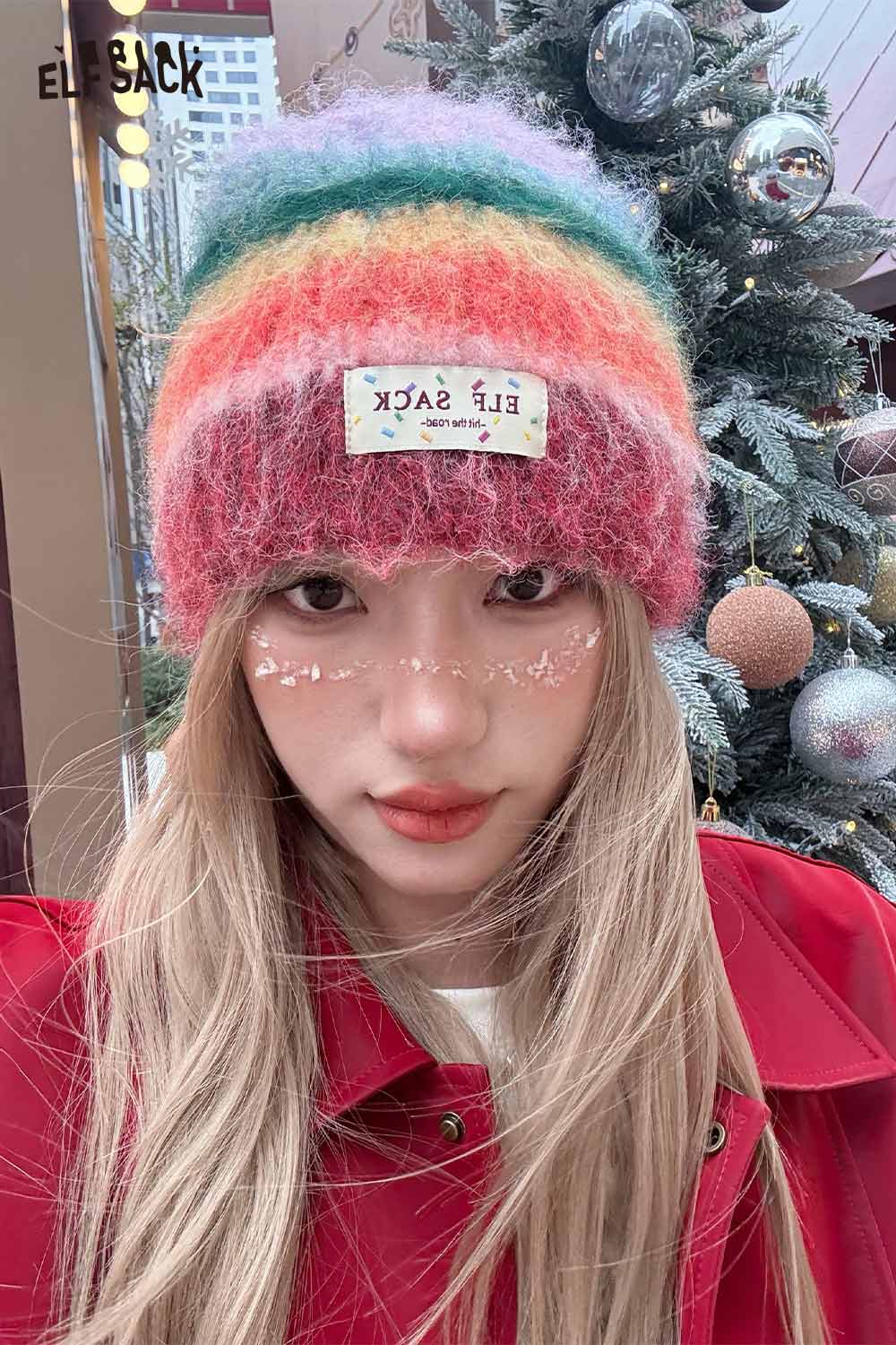 ELFSACK rainbow striped knit beanie in colorful shades, perfect for stylish winter outfits