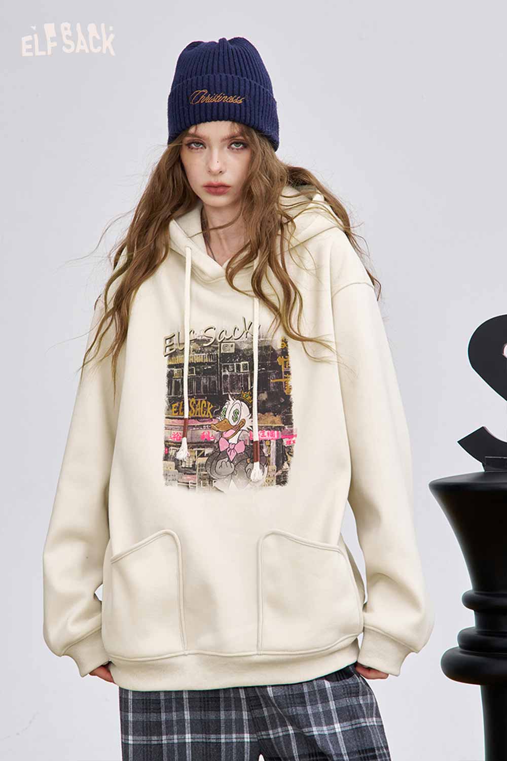 ELFSACK soft graphic hooded sweatshirt in cream with an artistic print and front pockets