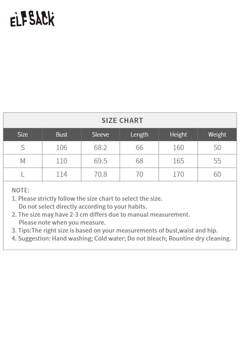 ELFSACK size chart for soft printed raglan sleeve sweatshirt showing measurements for S, M, and L sizes
