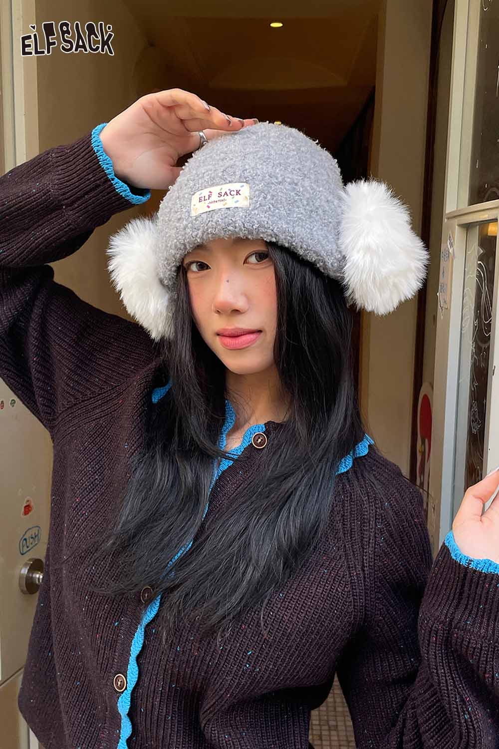 ELFSACK gray beanie with white plush ear muff beanie for winter warmth and style