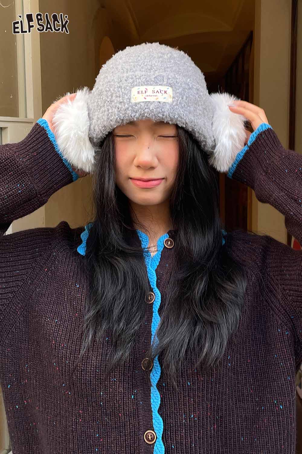 ELFSACK gray beanie with white plush ear muff beanie for warmth and style in winter fashion
