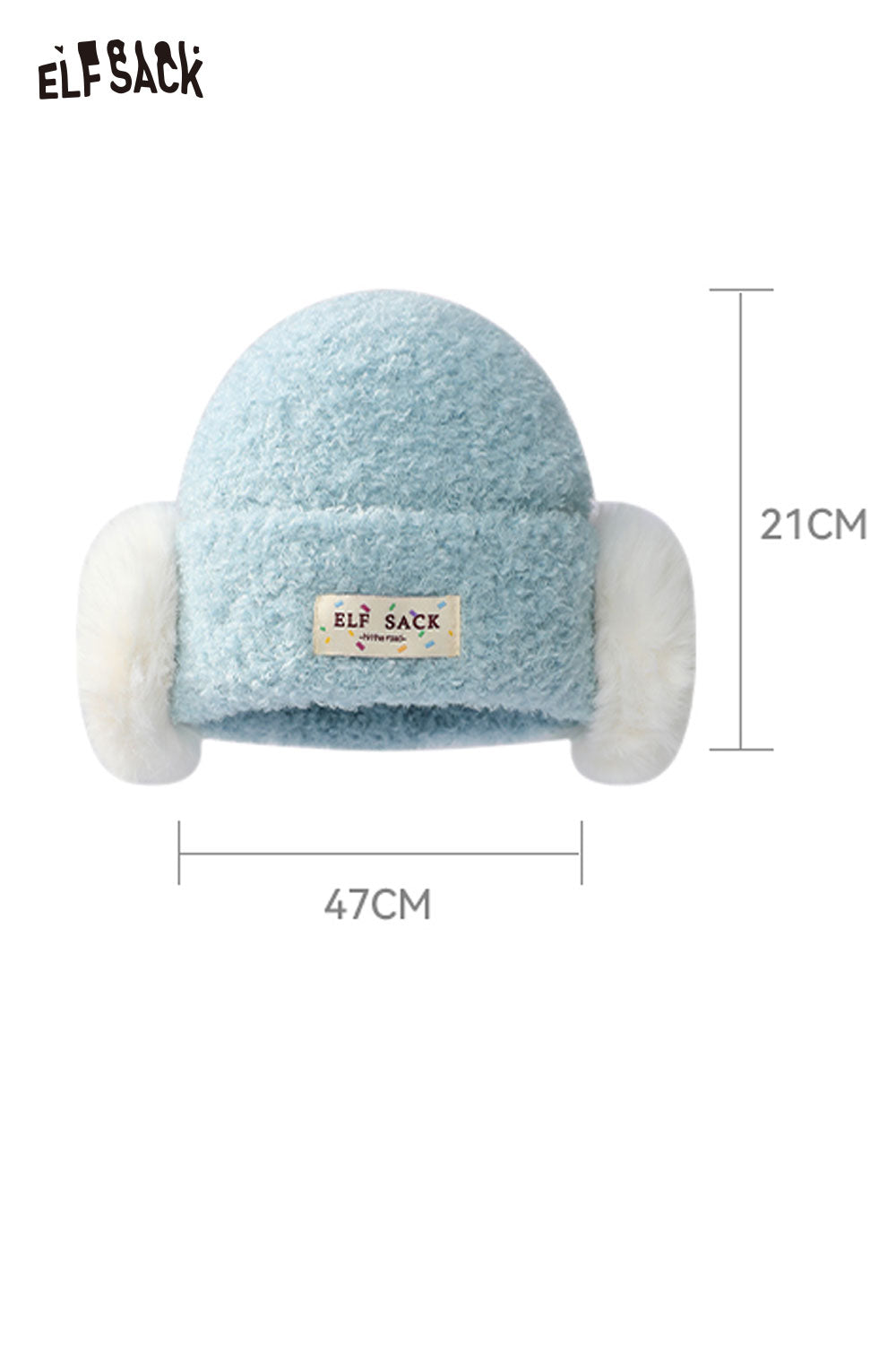 ELFSACK Blue Beanie with White Plush Ear Muffs for Warmth and Style, perfect for winter wear
