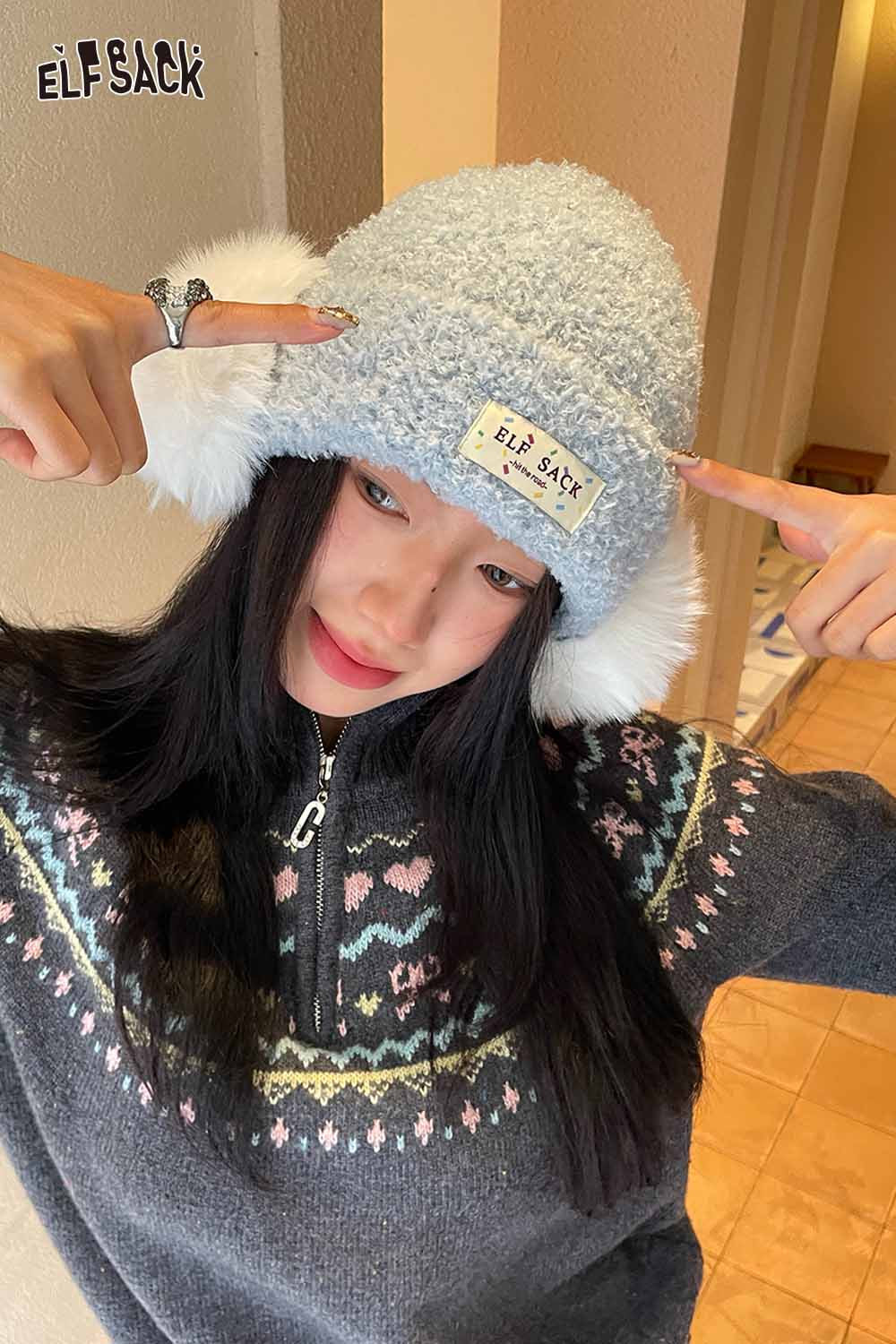 ELFSACK cozy blue hat featuring white plush ear muff beanie for stylish winter wear