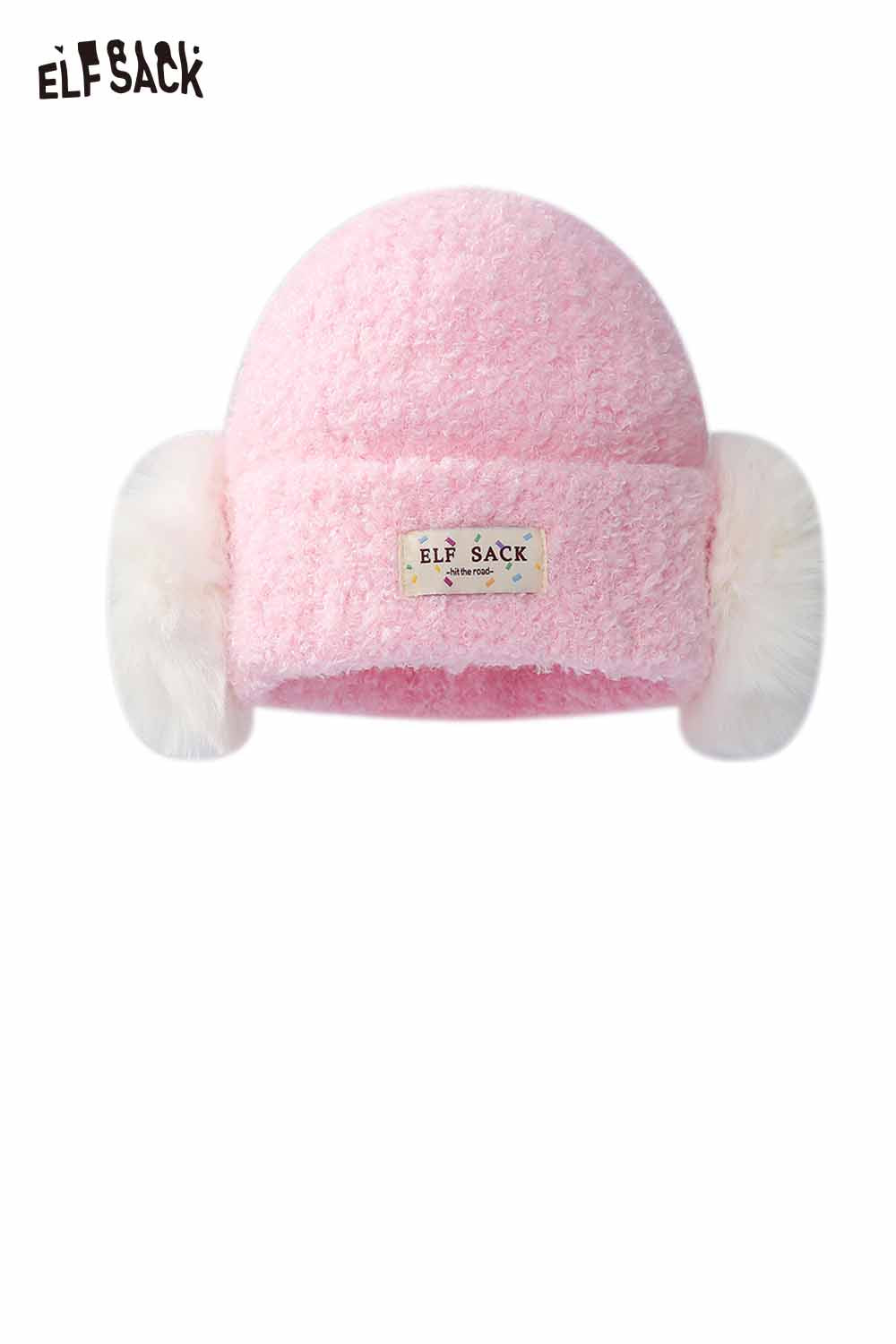 ELFSACK Pink Beanie with White Plush Ear Muff Beanie for Warmth and Style in Cold Weather