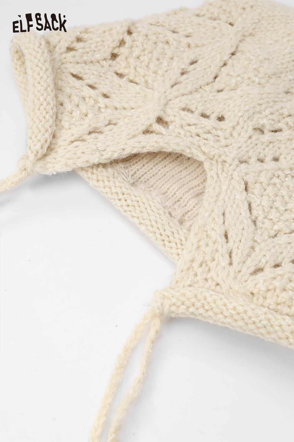 ELFSACK women's braided tassel bucket hat in cream with intricate knit design and adjustable ties