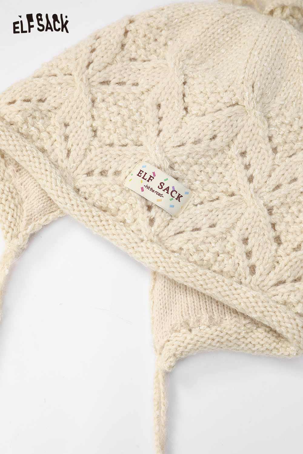 ELFSACK women's braided tassel bucket hat in cream with intricate knit patterns for a stylish look