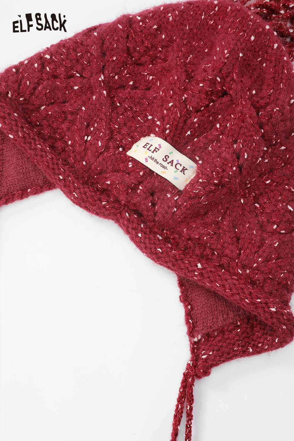 ELFSACK women's braided tassel bucket hat in burgundy with a cozy cable knit design