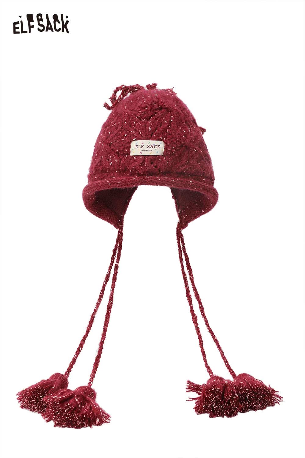 ELFSACK women's braided tassel bucket hat in burgundy with decorative tassels for stylish winter warmth