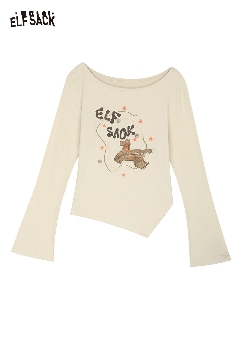 ELFSACK women's cotton printed long sleeve shirt in cream with unique graphic design
