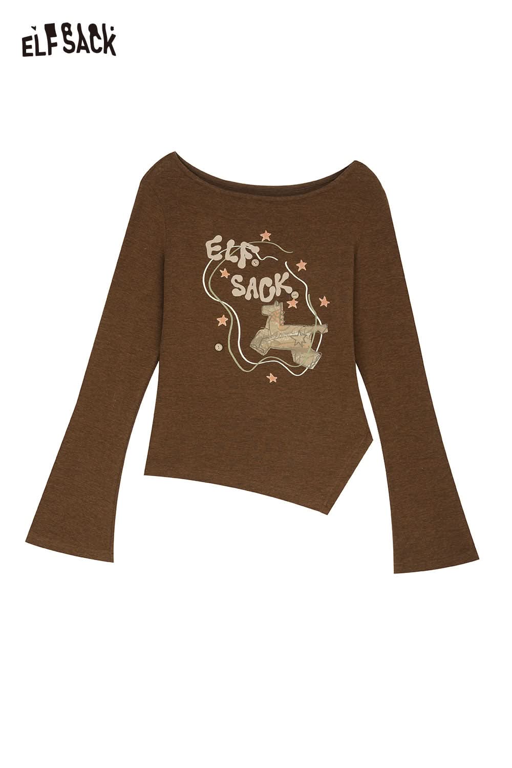 ELFSACK women's cotton printed long sleeve shirt in brown with unique graphic design