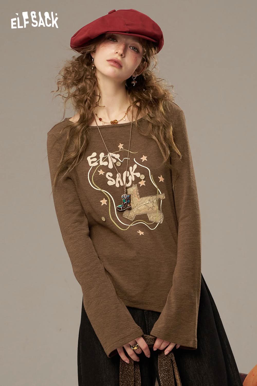ELFSACK women's cotton printed long sleeve shirt in brown with stylish graphic design