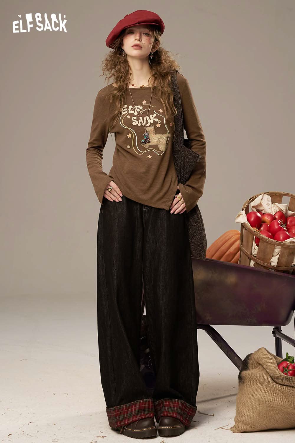 ELFSACK women's cotton printed long sleeve shirt in brown paired with relaxed black pants