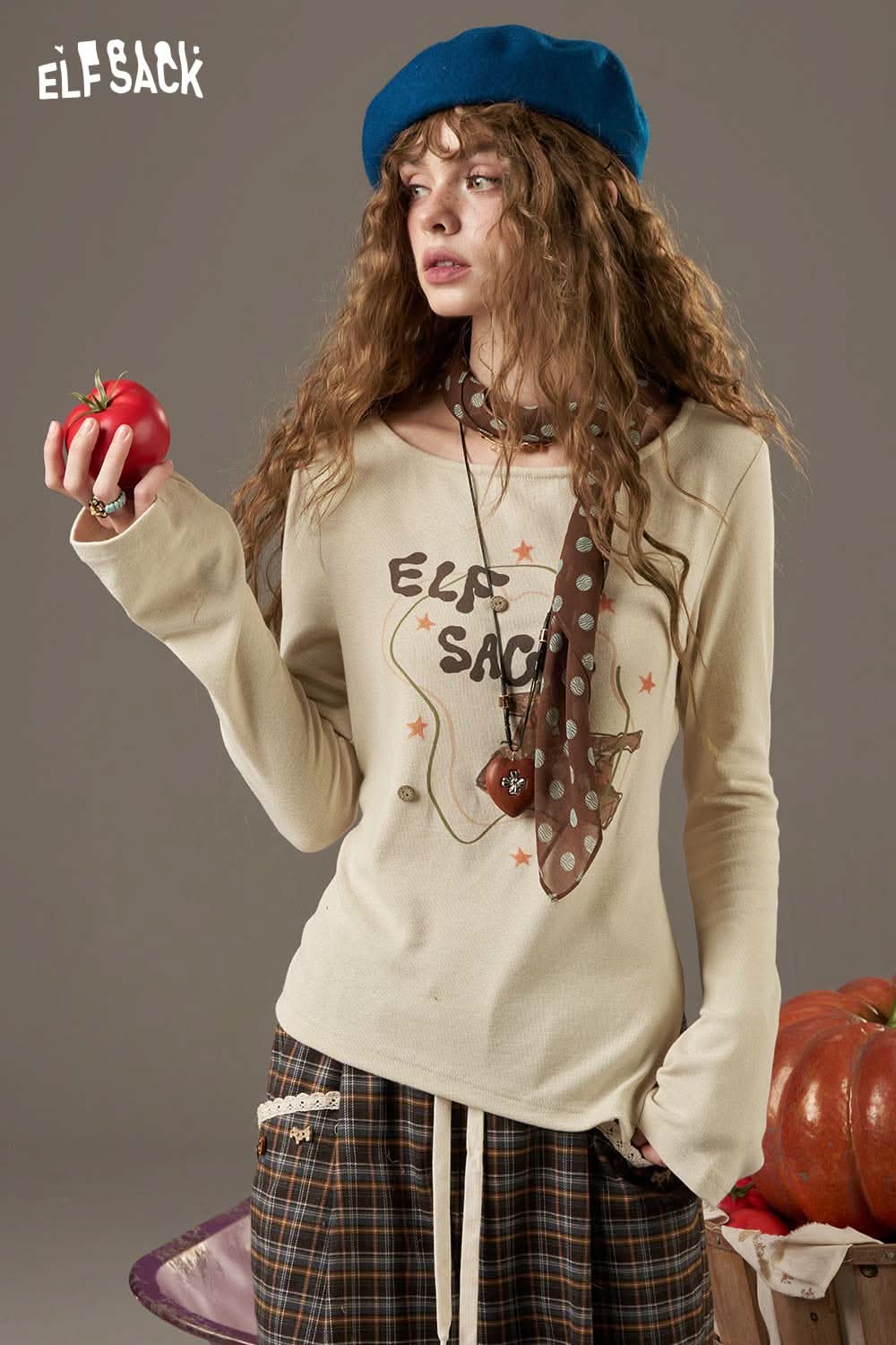 ELFSACK women's cotton printed long sleeve shirt featuring a playful design with stars and a unique collar