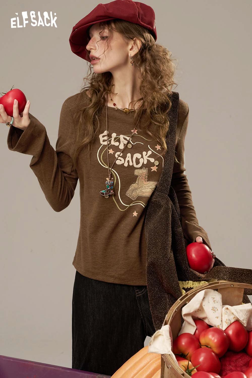 ELFSACK women's cotton printed long sleeve shirt in brown with graphic design and relaxed fit