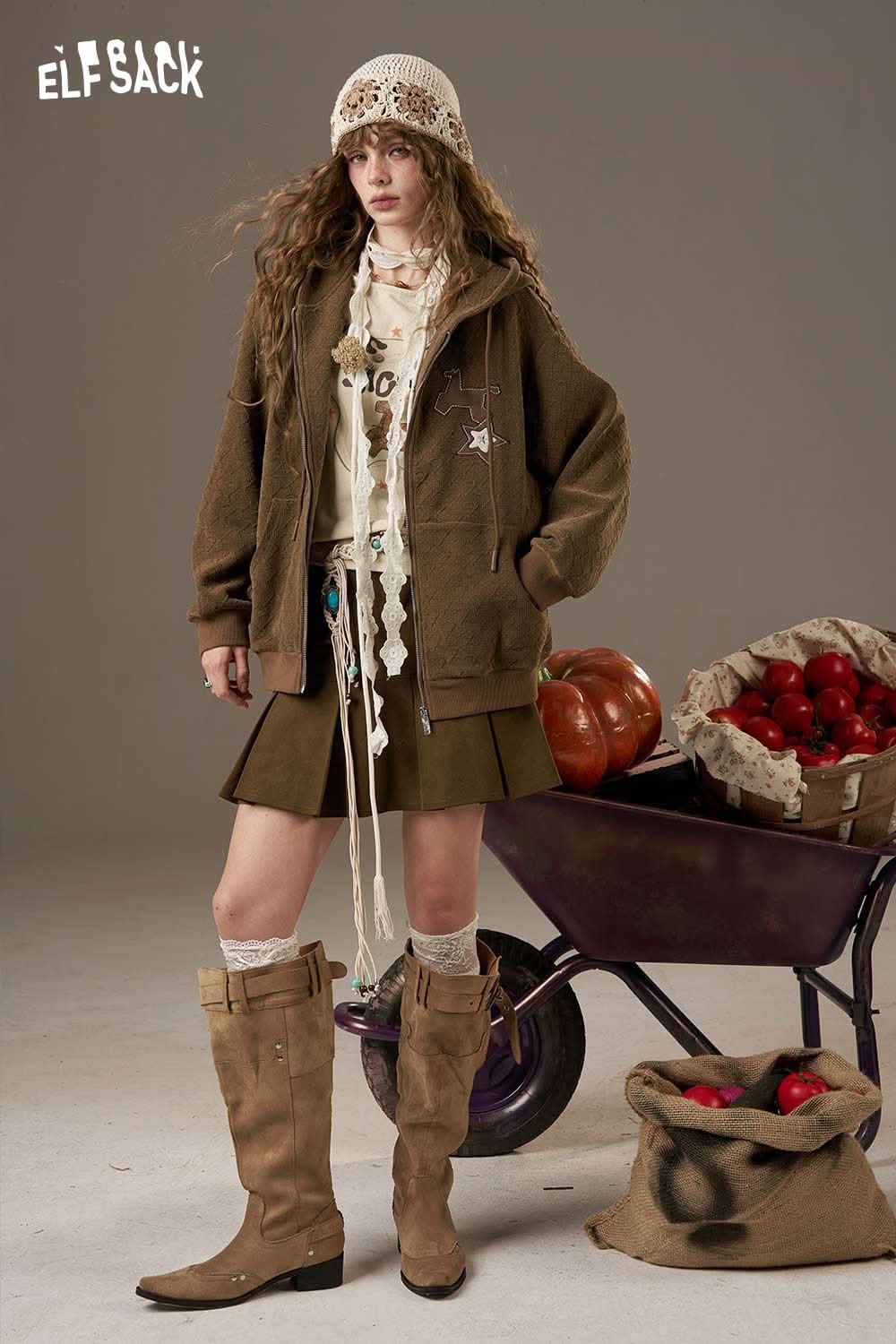 ELFSACK women's cotton printed long sleeve shirt styled with a brown jacket and skirt, perfect for casual wear