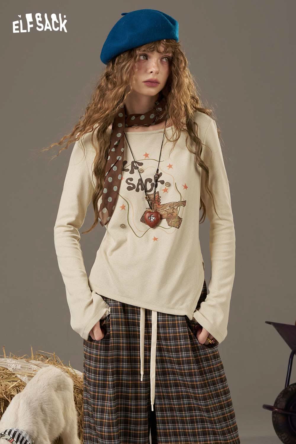 ELFSACK women's cotton printed long sleeve shirt in cream with playful graphics and long sleeves