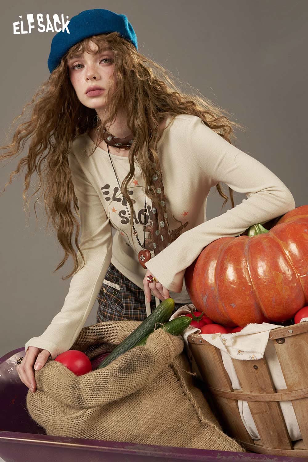 ELFSACK women's cotton printed long sleeve shirt styled with a casual look near a basket of vegetables