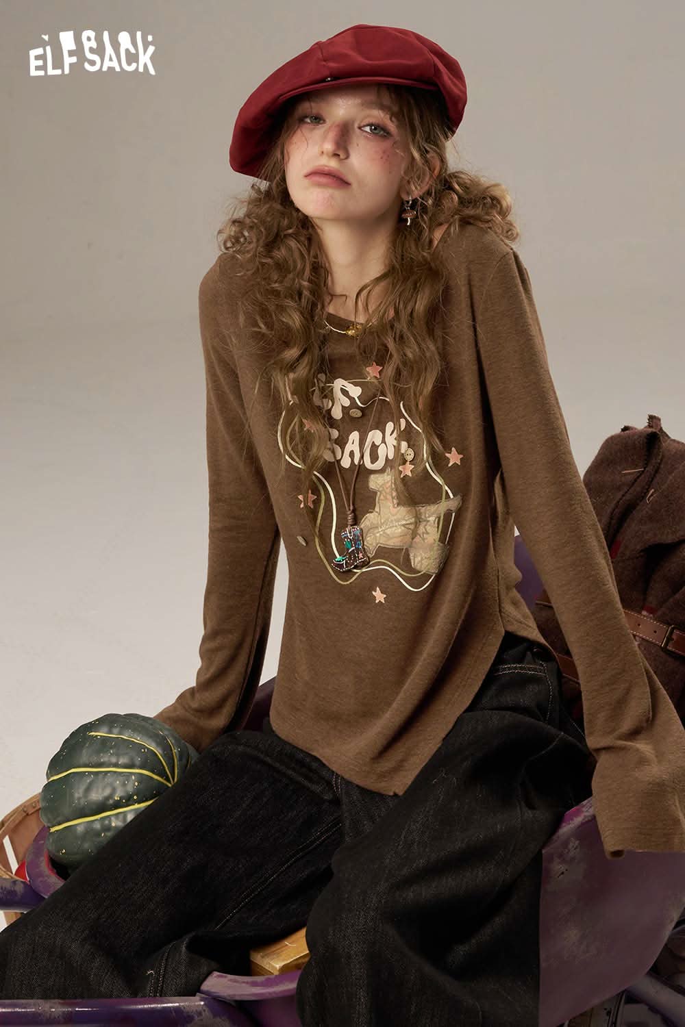 ELFSACK women's cotton printed long sleeve shirt in brown with graphic design, styled casually