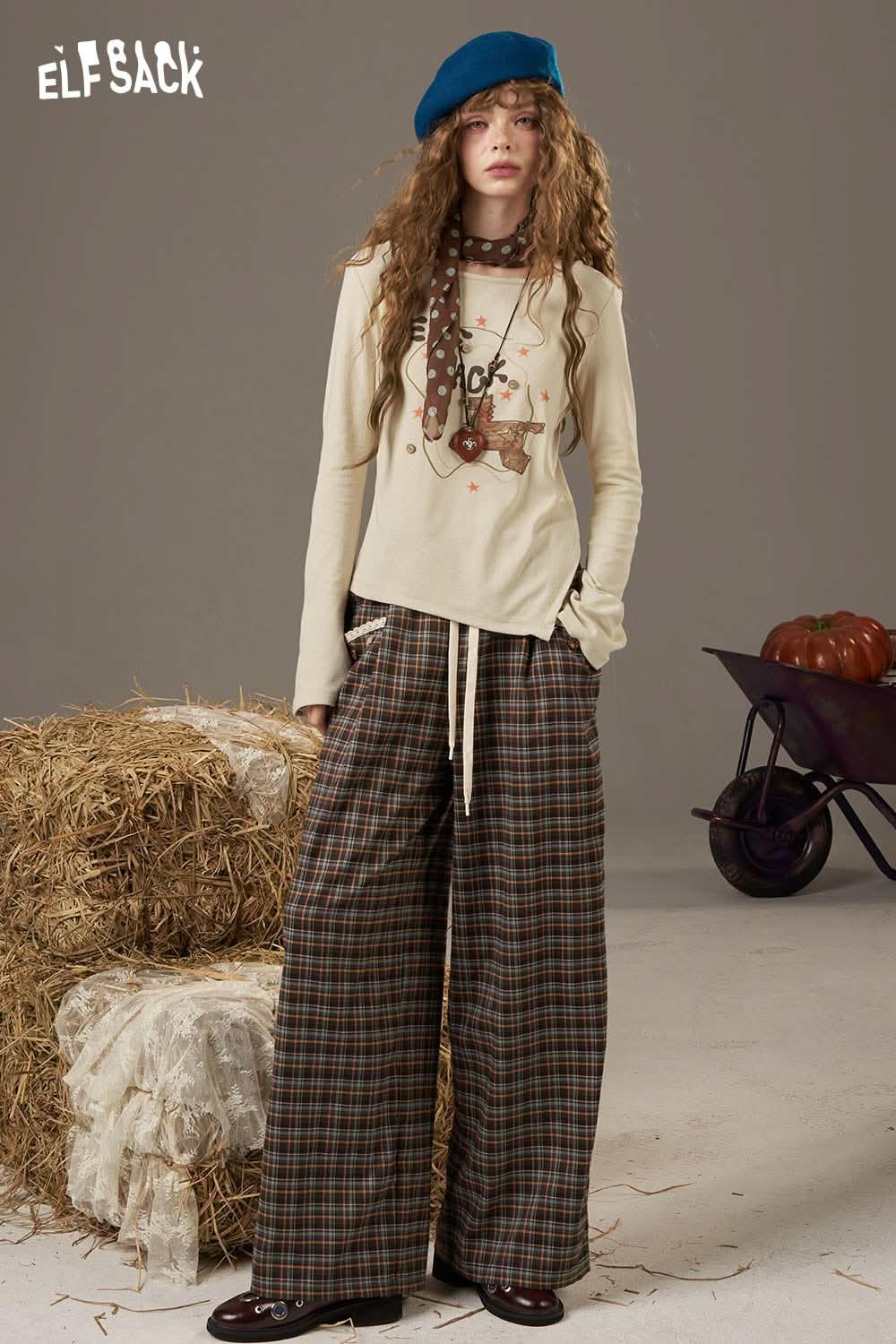 ELFSACK women's cotton printed long sleeve shirt styled with plaid wide-leg pants for a trendy look